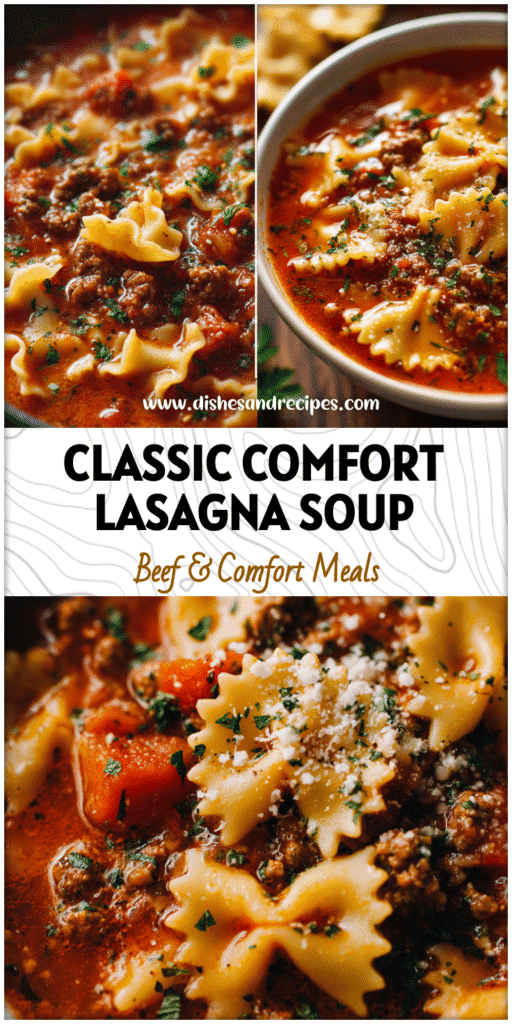 Close-up of hearty Lasagna Soup With Beef and noodles simmered in tomato marinara sauce with herbs.